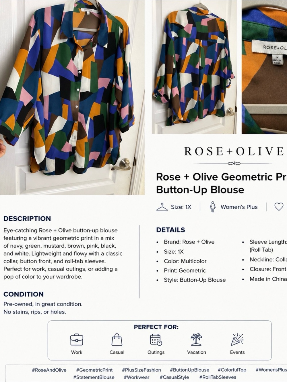 Rose + Olive Women’s Geometric Print Button-Up Blouse Size 1X Multicolor